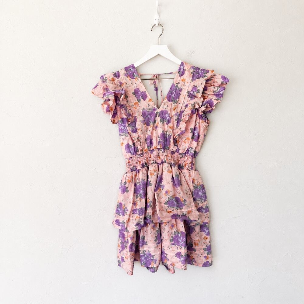 PINCH Pink Floral Ruffle Mini Dress L Cottage Coquette Cotton